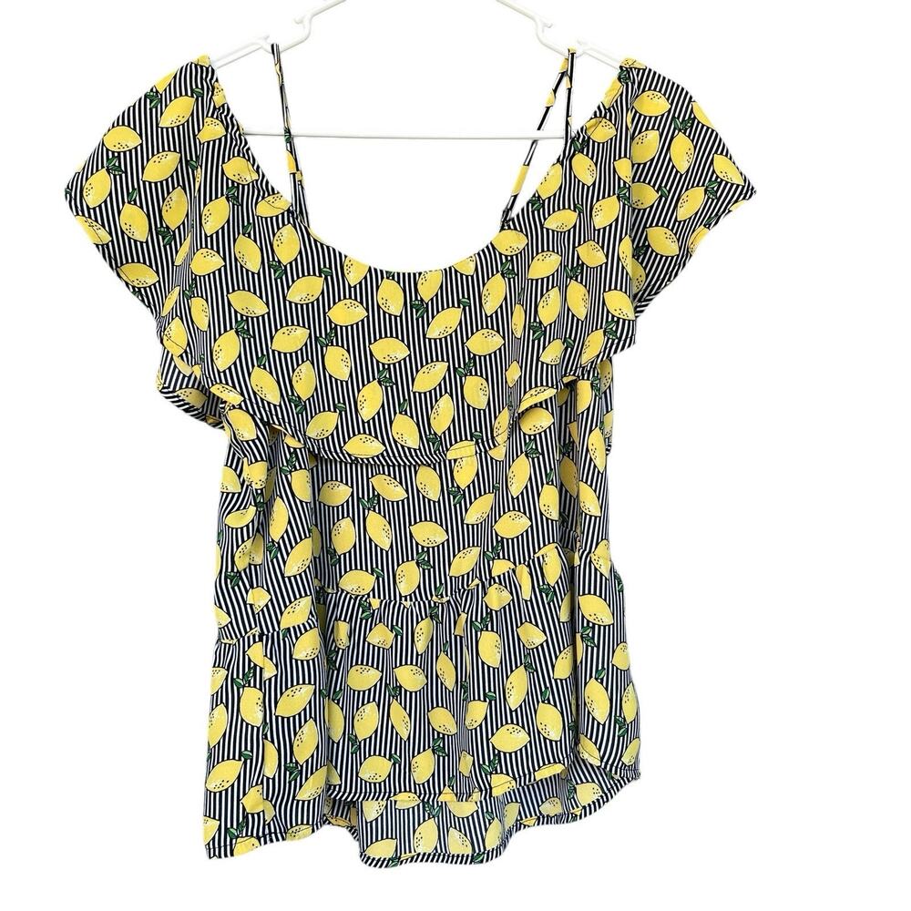 Lily White Womens Estilo Blouse Large‎ Striped Lemon Adjustable Off the Shoulder